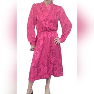 Vintage 80s HHR Fuchsia Jacquard Midi Dress Puff Sleeve USA 10